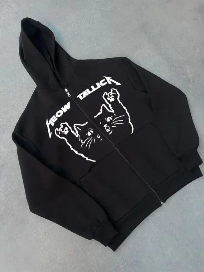 Kışlık Baskılı Fermuarlı Kapüşonlu Hırka - Siyah - 1