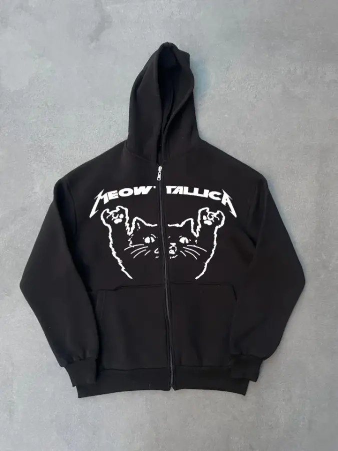 Kışlık Baskılı Fermuarlı Kapüşonlu Hırka - Siyah - 2