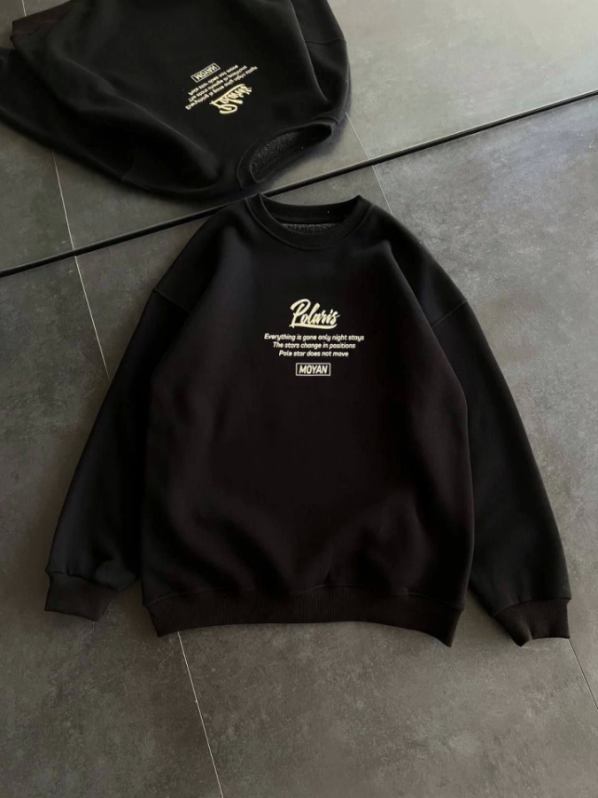 Kışlık Bisiklet Yaka Ön Ve Arka Baskılı SweatShirt - Siyah - 1