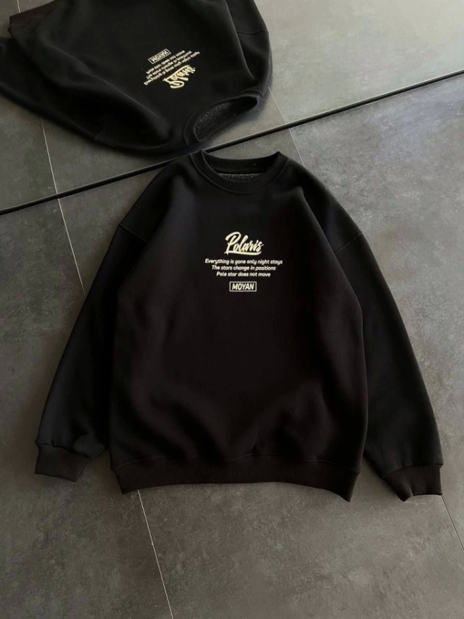 Kışlık Bisiklet Yaka Ön Ve Arka Baskılı SweatShirt - Siyah - 1