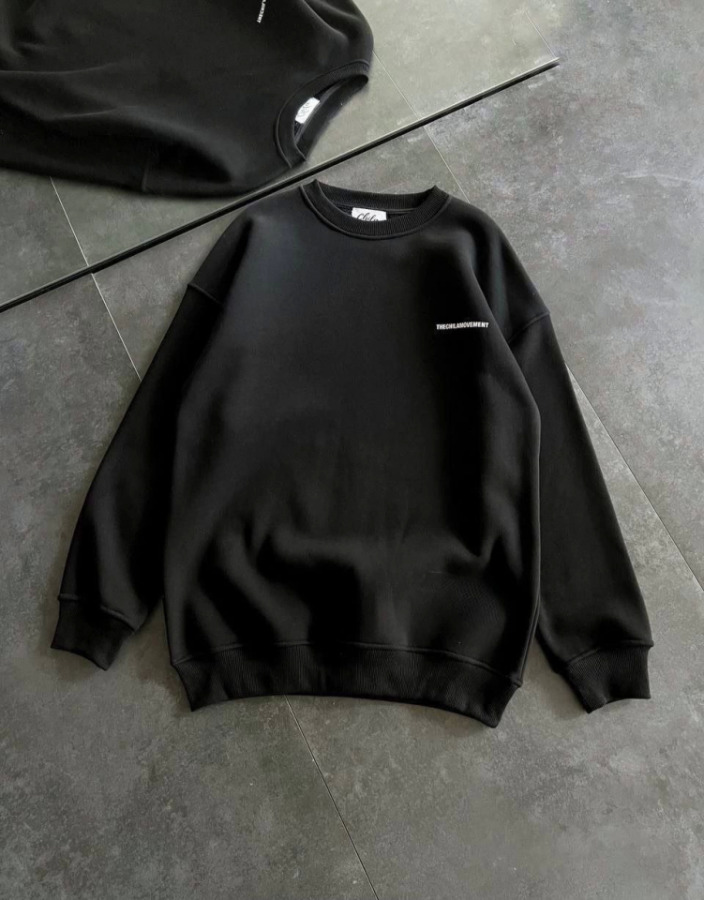 Kışlık Bisiklet Yaka Oversize Baskılı SweatShirt - Siyah - 4