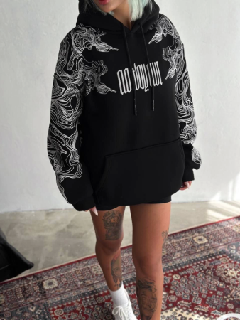 Kışlık Üç İplik Baskılı Kapşonlu SweatShirt - Siyah - 1