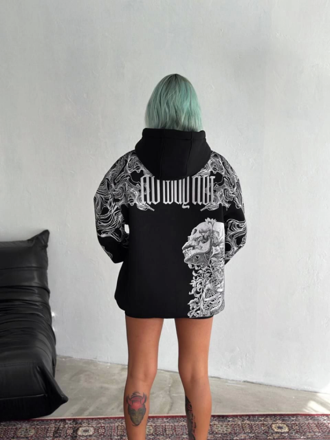Kışlık Üç İplik Baskılı Kapşonlu SweatShirt - Siyah - 2