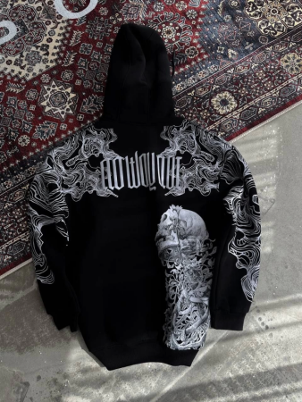 Kışlık Üç İplik Baskılı Kapşonlu SweatShirt - Siyah - 4