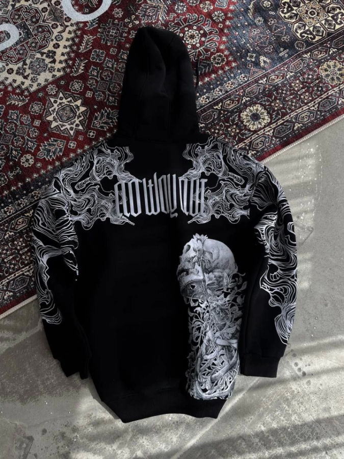 Kışlık Üç İplik Baskılı Kapşonlu SweatShirt - Siyah - 4