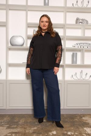 Kol Dantel Detaylı Büyük Beden Gömlek Siyah - 5