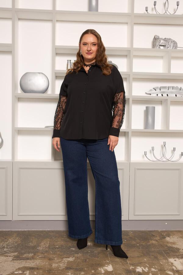 Kol Dantel Detaylı Büyük Beden Gömlek Siyah - 5