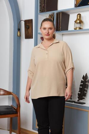 Kol Detaylı Büyük Beden Gömlek Yaka Bluz Krem - 1