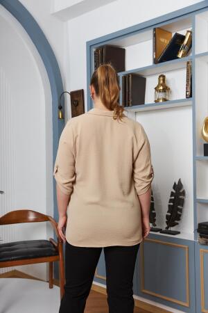 Kol Detaylı Büyük Beden Gömlek Yaka Bluz Krem - 4