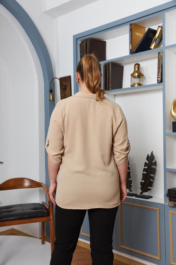 Kol Detaylı Büyük Beden Gömlek Yaka Bluz Krem - 4