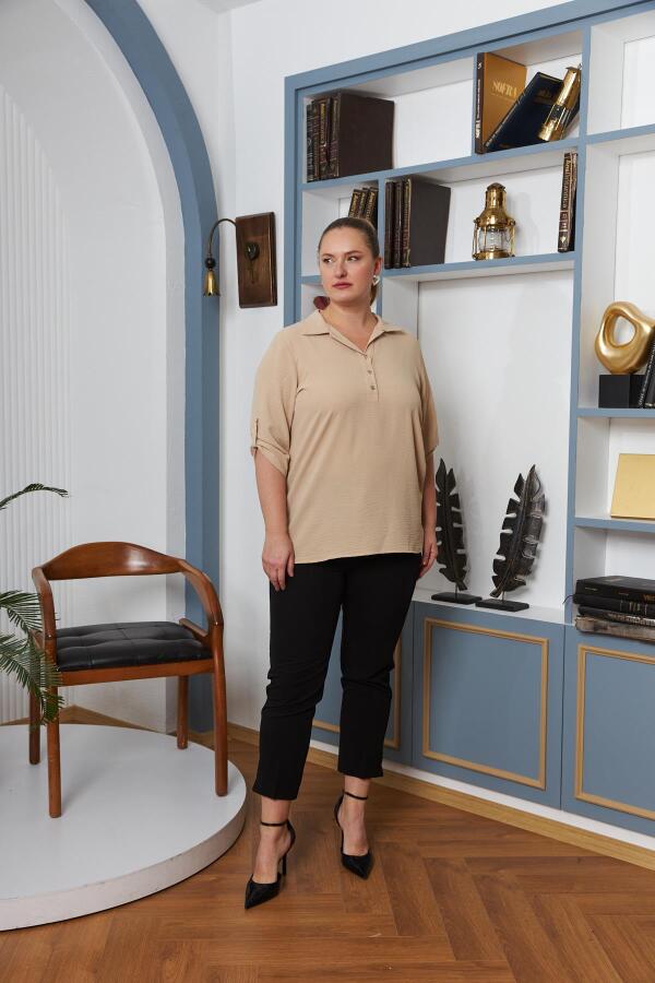 Kol Detaylı Büyük Beden Gömlek Yaka Bluz Krem - 5