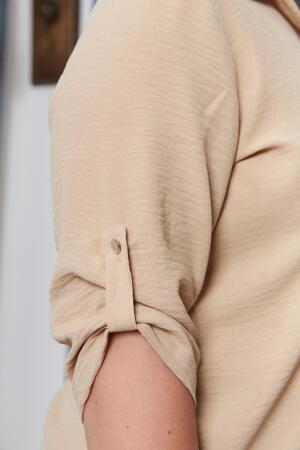 Kol Detaylı Büyük Beden Gömlek Yaka Bluz Krem - 6