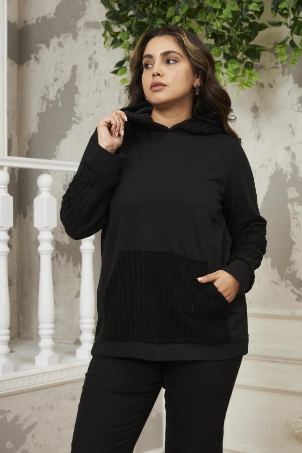 Kol Detaylı Büyük Beden Siyah Sweatshirt - 1