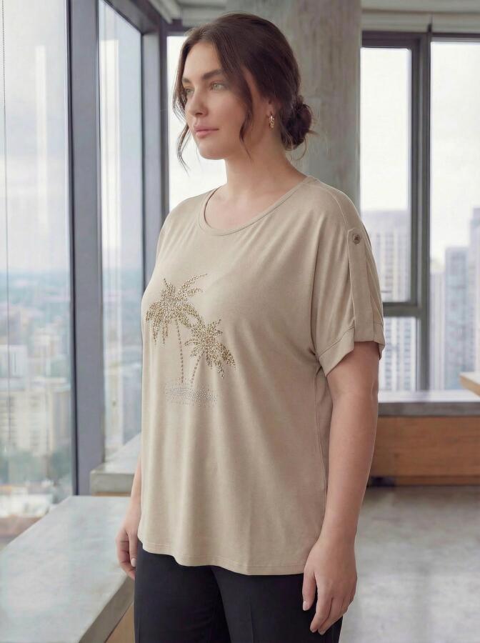 Kol Detaylı Taş Baskılı Büyük Beden Tişört Bej - 2