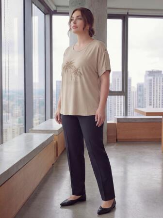 Kol Detaylı Taş Baskılı Büyük Beden Tişört Bej - 3