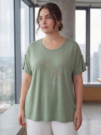 Kol Detaylı Taş Baskılı Büyük Beden Tişört Çağla Yeşili - RMG