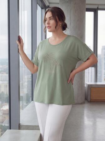 Kol Detaylı Taş Baskılı Büyük Beden Tişört Çağla Yeşili - RMG (1)