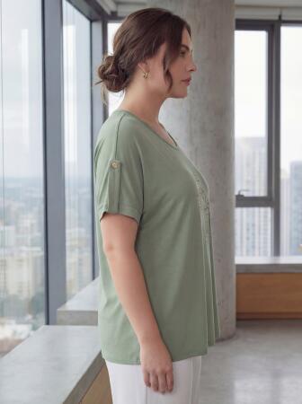 Kol Detaylı Taş Baskılı Büyük Beden Tişört Çağla Yeşili - 3