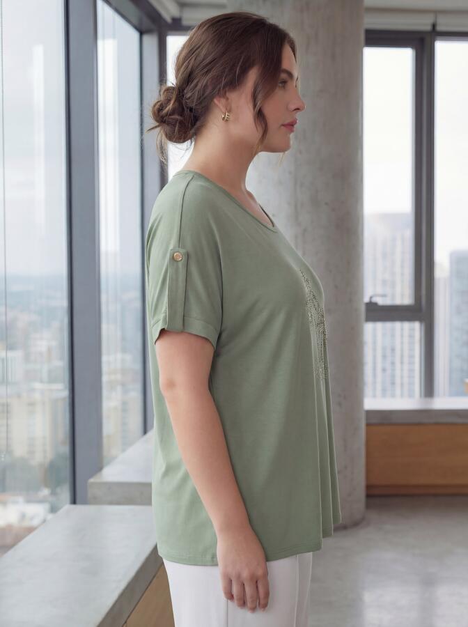 Kol Detaylı Taş Baskılı Büyük Beden Tişört Çağla Yeşili - 3