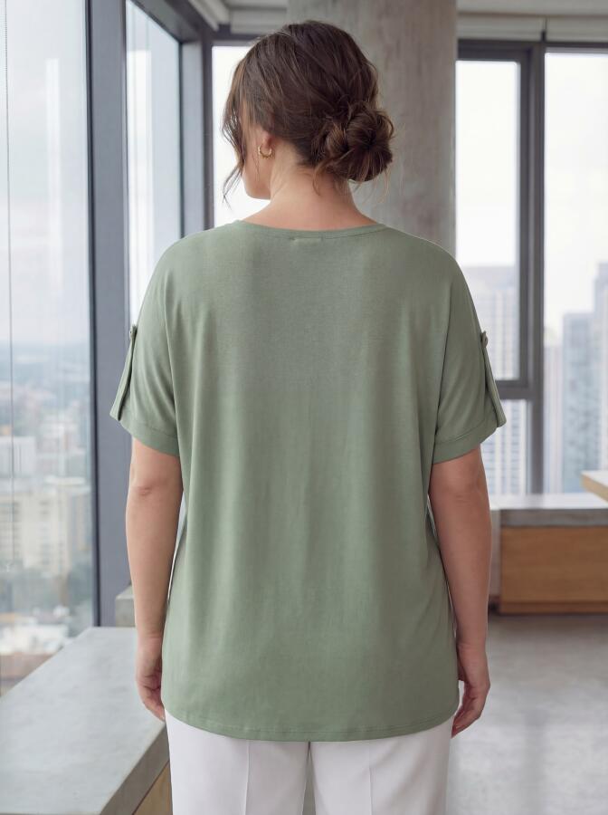 Kol Detaylı Taş Baskılı Büyük Beden Tişört Çağla Yeşili - 4