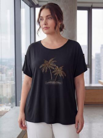 Kol Detaylı Taş Baskılı Büyük Beden Tişört Siyah - RMG