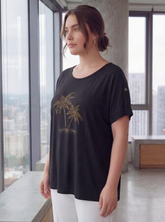 Kol Detaylı Taş Baskılı Büyük Beden Tişört Siyah - RMG (1)