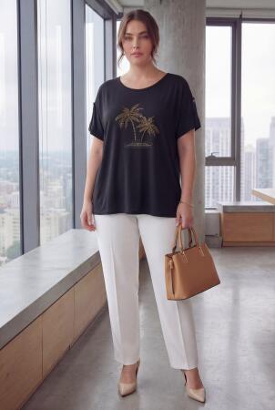 Kol Detaylı Taş Baskılı Büyük Beden Tişört Siyah - 3