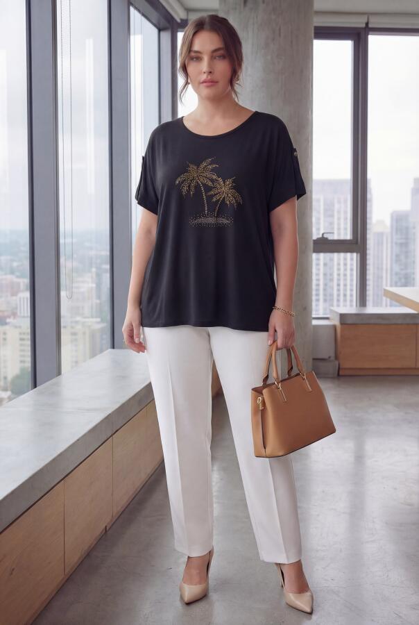 Kol Detaylı Taş Baskılı Büyük Beden Tişört Siyah - 3