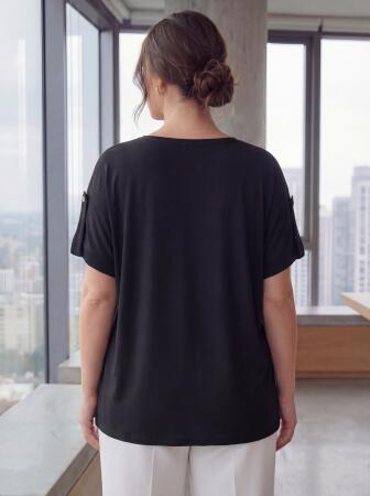 Kol Detaylı Taş Baskılı Büyük Beden Tişört Siyah - 4