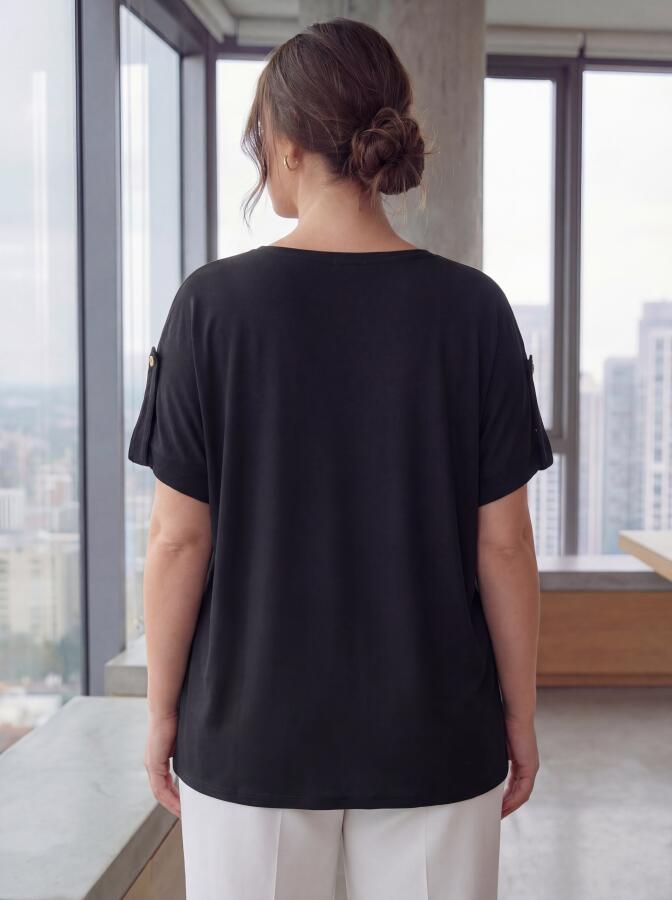 Kol Detaylı Taş Baskılı Büyük Beden Tişört Siyah - 4