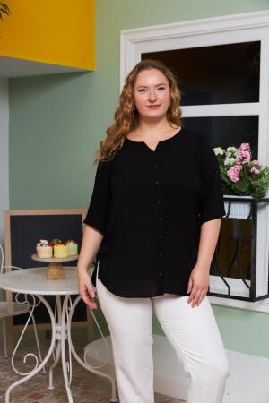 Kol Detaylı Vual Viskon Büyük Beden Siyah Gömlek - RMG