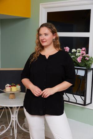 Kol Detaylı Vual Viskon Büyük Beden Siyah Gömlek - RMG (1)