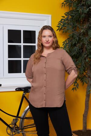 Kol Detaylı Vual Viskon Büyük Beden Vizon Gömlek - 3