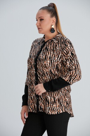 Kol Detaylı Zebra Desenli Büyük Beden Siyah Gömlek - 3