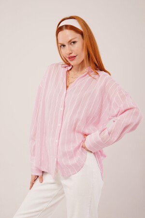 Kol Düğmeli Çizgili Pembe Gömlek - ANGELINO BuyukBedeniz