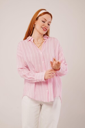 Kol Düğmeli Çizgili Pembe Gömlek - ANGELINO BuyukBedeniz (1)