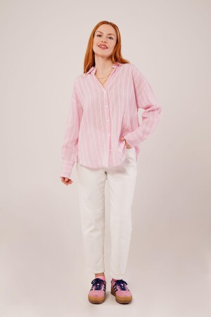 Kol Düğmeli Çizgili Pembe Gömlek - 3