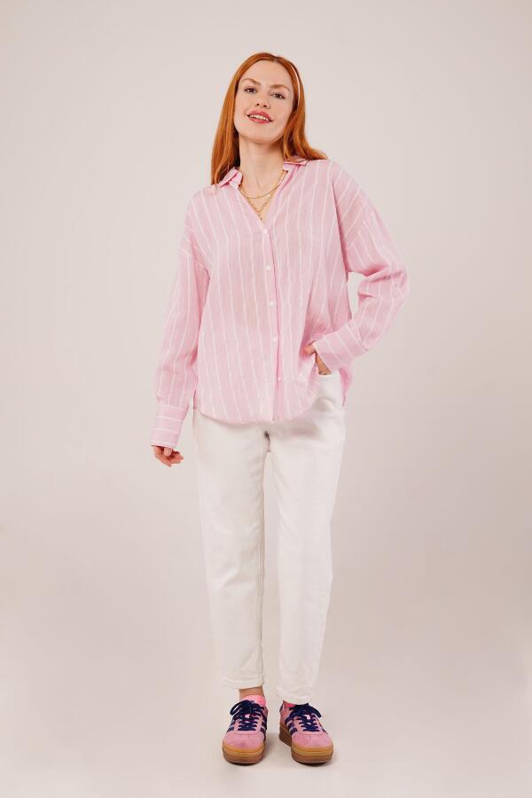 Kol Düğmeli Çizgili Pembe Gömlek - 3
