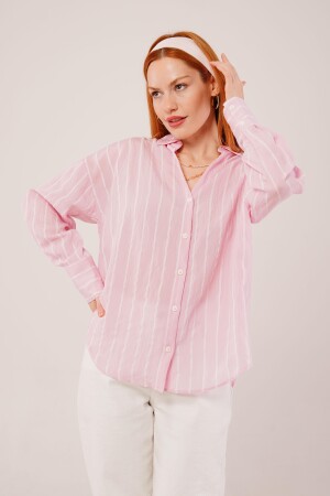 Kol Düğmeli Çizgili Pembe Gömlek - 4