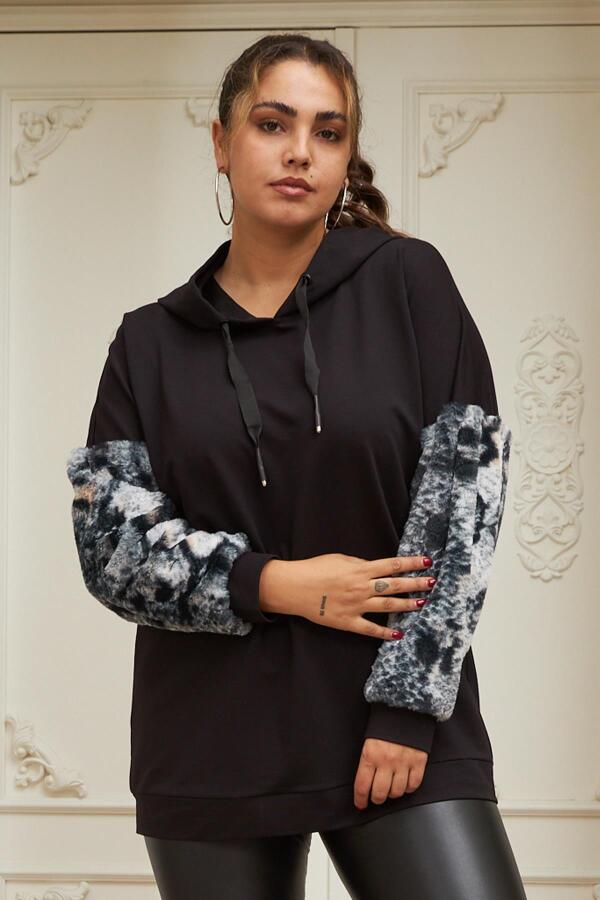 Kol Kürk Detaylı Büyük Beden Siyah Sweatshirt - 1