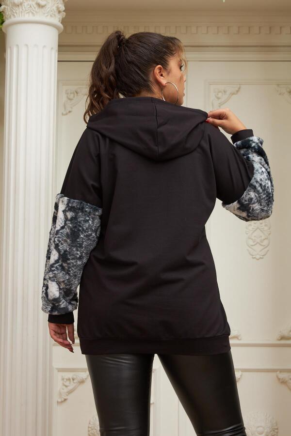 Kol Kürk Detaylı Büyük Beden Siyah Sweatshirt - 4