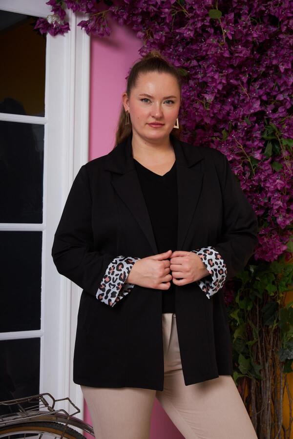 Kol Leopar Desenli Astarlı Büyük Beden Ceket Siyah - 1