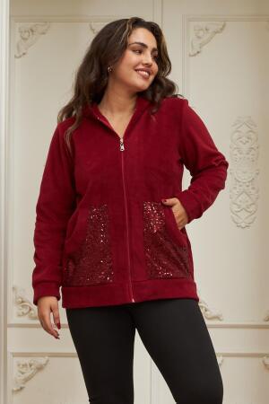Kol Ve Cep Pul Payet İşlemeli Büyük Beden Bordo Hırka - RMG