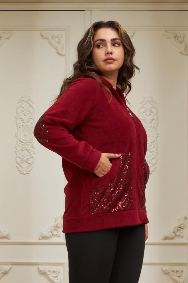 Kol Ve Cep Pul Payet İşlemeli Büyük Beden Bordo Hırka - 2