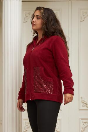 Kol Ve Cep Pul Payet İşlemeli Büyük Beden Bordo Hırka - 3