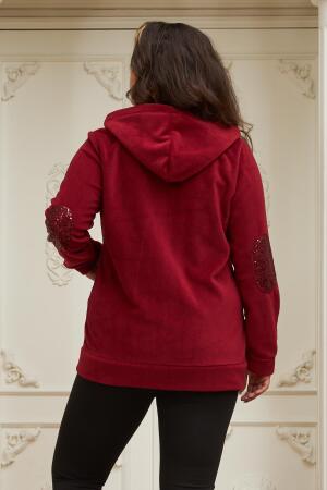 Kol Ve Cep Pul Payet İşlemeli Büyük Beden Bordo Hırka - 4