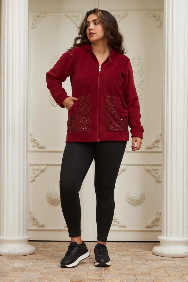 Kol Ve Cep Pul Payet İşlemeli Büyük Beden Bordo Hırka - 5