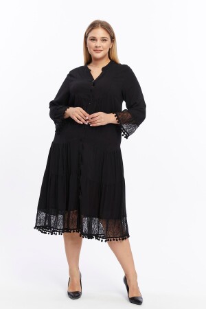 Kol Ve Eteği Dantel Detaylı Ponponlu Büyük Beden Elbise Siyah - Angelino