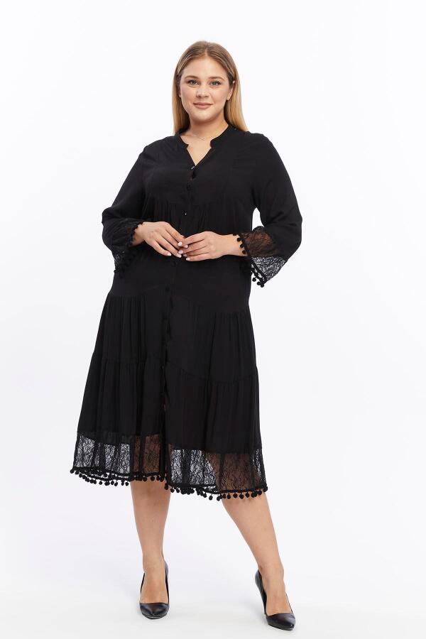 Kol Ve Eteği Dantel Detaylı Ponponlu Büyük Beden Elbise Siyah - 1