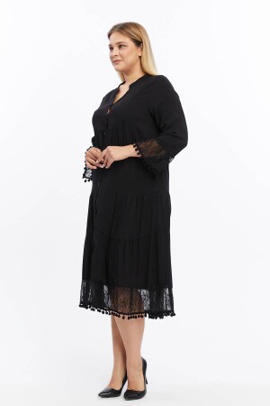 Kol Ve Eteği Dantel Detaylı Ponponlu Büyük Beden Elbise Siyah - Angelino (1)